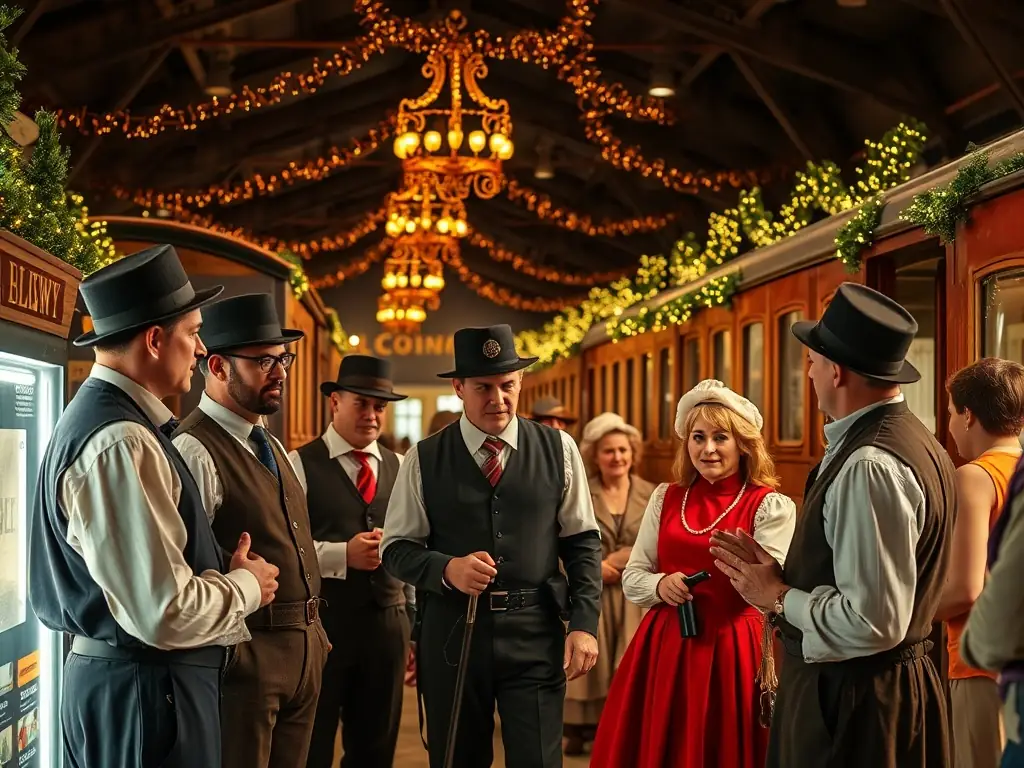 A lively scene from a themed event at the Bligny-sur-Ouche railway site, featuring costumed actors and interactive historical displays.