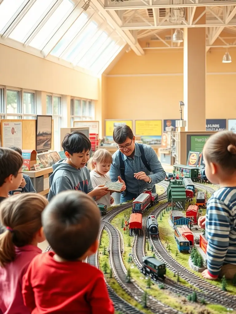 A group of children excitedly gathered around a miniature railway model, with a CFVO staff member explaining its workings, set in a brightly lit indoor exhibition space.