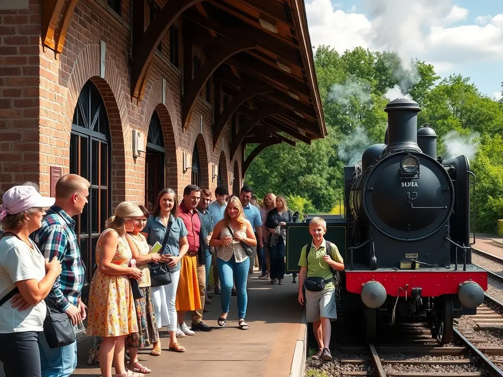 A group of tourists happily boarding a vintage train at the Bligny-sur-Ouche station, with the station's historic architecture in the background.