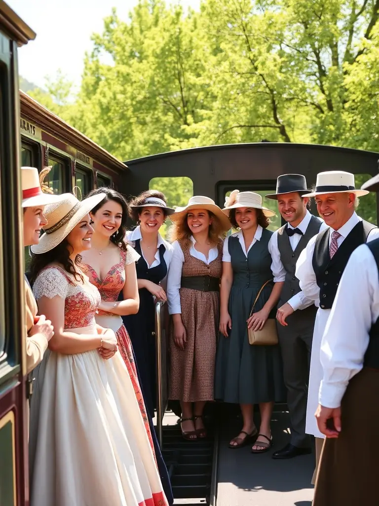 A group of tourists enjoying a themed event on the train, with staff dressed in period costumes, creating a festive and immersive atmosphere.