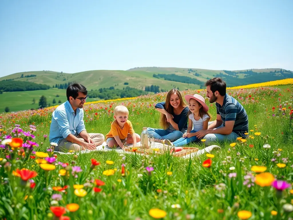 A family enjoying a picnic at a designated scenic spot along the railway line, with a vintage train passing by in the background.