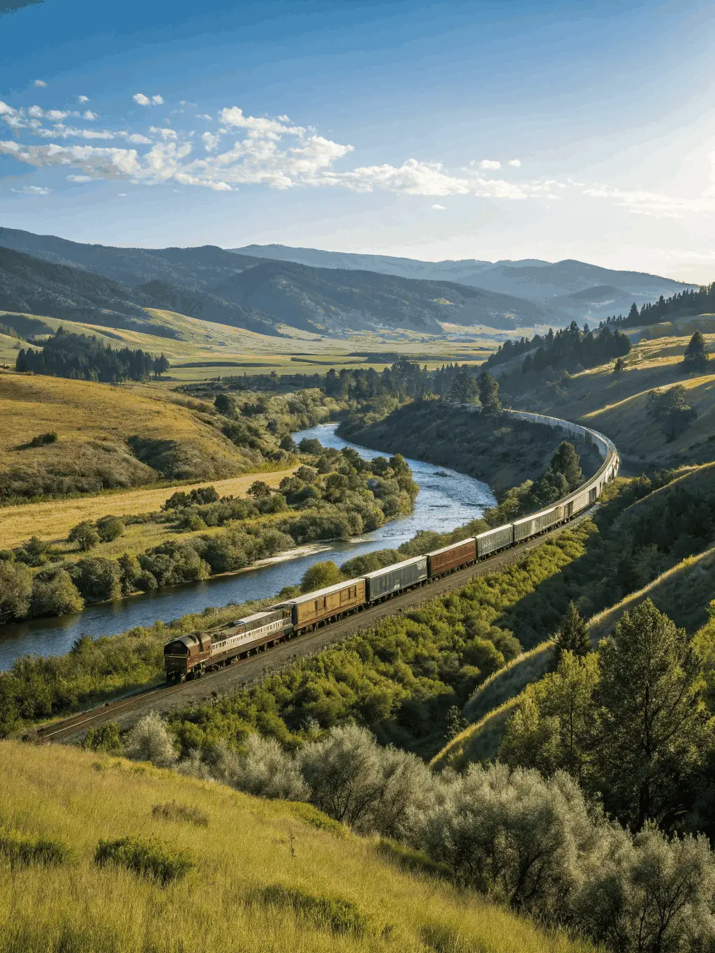 A vintage steam train slowly chugging through a lush green valley, captured from a low angle to emphasize its size and historical significance, with passengers waving from the windows.
